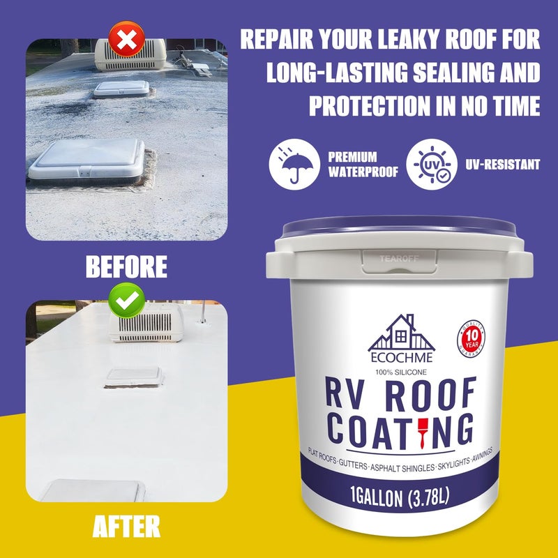 ECOCHME RV Roof Sealant- Solar Reflective Flexible Waterproof Membrane Coating for Camper & Travel Trailers,Seal Leaks,Cracks,Seams,No Need Primer (1Gallon) - Image 3